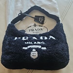 Prada Re-edition 2000 Black Terry Shoulder/Handbag with White Logo